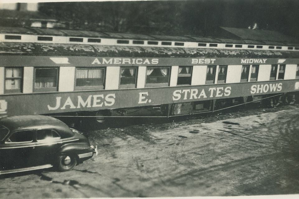 alt="James E Strates Shows Still Travel By Train"